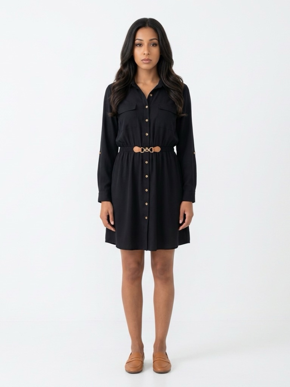 Classic Black Button-Front Shirt Dress with Tan Belt